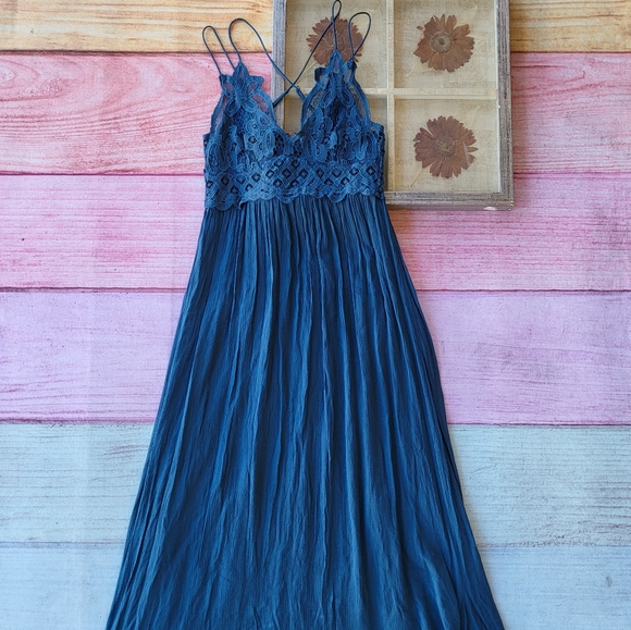 Free People Navy Blue Adella Lace Smocked Back Ruffle Hem Maxi Slip Dress Small - Picture 9 of 11